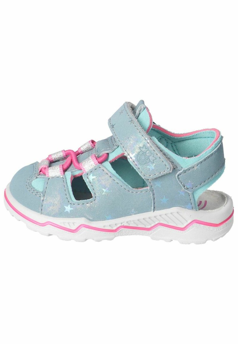 Modré a stříbrné sandály se vzorem hvězd, nastavitelné pásky, růžové akcenty, otevřená špička, polstrovaný interiér, texturovaná bílá podrážka.