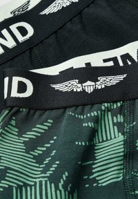 Boxer slip da uomo in tessuto verde scuro con una texture a motivo. La cintura nera presenta scritte bianche e accenti di emblemi alati.
