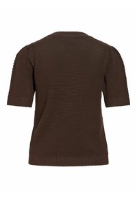 Pull tricoté marron foncé à manches courtes avec une texture, poignets et ourlet côtelés, présenté de dos sur un fond blanc.