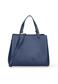 Borsa a mano in pelle blu navy con finitura strutturata, doppi manici e tracolla regolabile. Caratterizzata da dettagli in metallo dorato e chiusura con cerniera.
