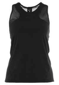 Czarny sportowy top bez rękawów wykonany z gładkiego materiału, z siateczkowymi panelami na ramionach i subtelnym logo na piersi.