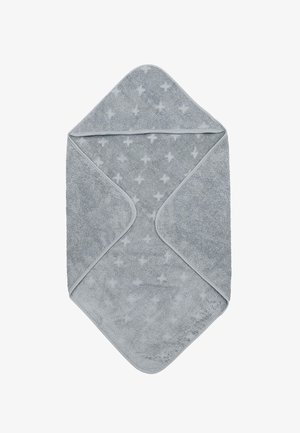 Grau Kapuzen-Badetuch für Babys mit Sternmuster und abgerundeten Kanten, flach gefaltet auf weißem Hintergrund.