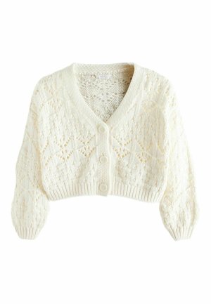 Weißer, gestrickter, kurz geschnittener Cardigan mit langen Ärmeln, V-Ausschnitt, drei Knöpfen vorne und einem spitzenähnlichen Muster.