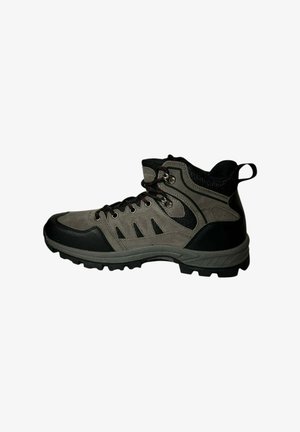 Bota de senderismo en gris y negro con caña alta, material de ante texturizado y malla, puntera reforzada y suela rugosa con tracción.