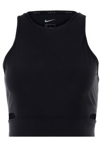 Schwarzes, sportliches Crop-Top aus glattem, elastischem Material. Mit Rundhalsausschnitt und seitlichen Ausschnitten. Nike-Logo auf der Vorderseite.