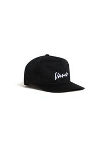 Sort kasket lavet af stof med en struktureret form. Har en flad skygge og et hvidt broderet "Vans" logo på fronten.