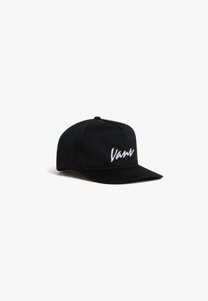 Black cap made of fabric with a structured shape. Features a flat brim and white embroidered "Vans" logo on the front.