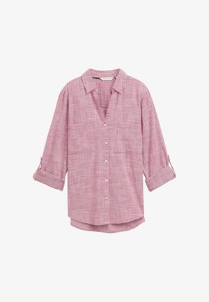 Raudonai ir balti langeliai reguliuojamo ilgio marškiniai su ilgomis rankovėmis, V formos iškirpte ir dviem priekiniais kišenėmis, pagaminti iš lengvos medžiagos.