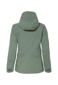Grüne wasserdichte Jacke mit Kapuze, glatter Textur, verstellbaren Bündchen und Seitentaschen. Die Rückansicht zeigt klare Linien und minimale Akzente.