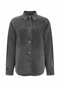 Zwarte spijkerblouse met een kraag, lange mouwen, twee borstzakken en knoopsluiting. Versleten textuur over de stof.