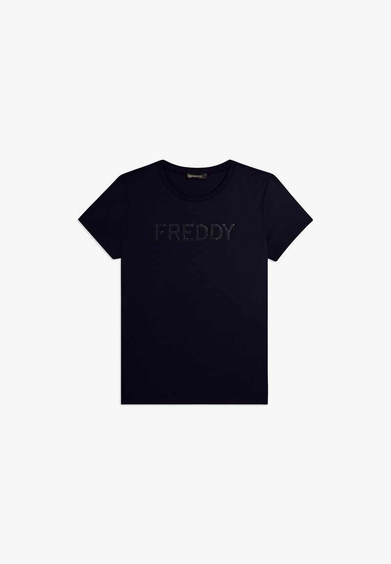 T-shirt nera a maniche corte con scollo rotondo e la scritta "FREDDY" composta da piccoli fori sul petto.