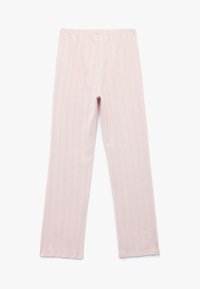 Jasnoróżowe spodnie z ribbowanej tkaniny, elastycznym paskiem w talii i prostymi nogawkami. Zawierają subtelne pionowe paski na całej powierzchni.