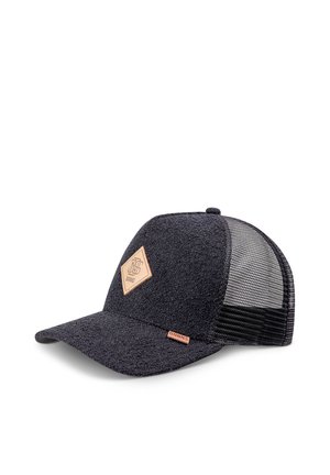 Schwarze Baseballkappe aus strukturiertem Stoff mit gebogenem Schirm, Netzrücken und beigen Logopatches vorne und seitlich.