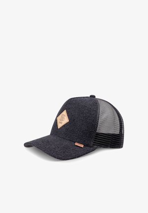 Black textured fabric baseball cap with curved brim, mesh back, and tan logo patches on front and side.