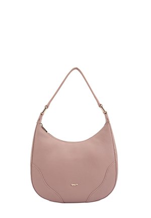 Sac à bandoulière en cuir rose doux avec forme incurvée, une seule bandoulière, et un petit emblème animalier doré au centre avant.