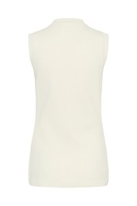 Gilet sans manches en maille couleur crème avec col, emmanchures et ourlet côtelés vu de dos.