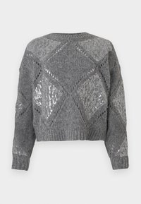 Pulover gri din tricot cu un model în diamante, având mici decupaje și paiete argintii împrăștiate, mâneci lungi și manșete cu nervuri.
