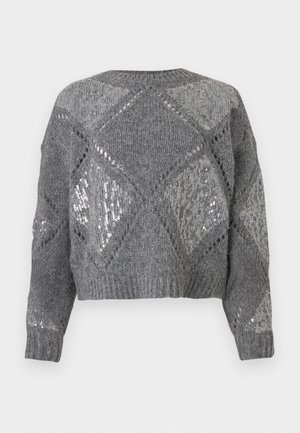 Grijze gebreide trui met een diamanten patroon met kleine uitsparingen en verspreide zilveren pailletten, lange mouwen en ribbelmanchetten.