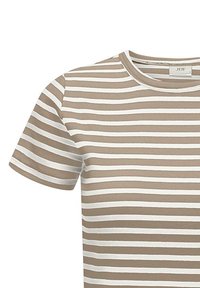 Kortærmet t-shirt med striber i beige og hvid, med ribbet tekstur og rund halsudskæring, samt vandrette striber på stoffet.