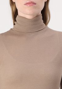 Beige ribbestrikket turtleneck med en tettsittende design. Stoffet er glatt med en myk tekstur, har en høy krage og en subtil glans.