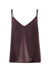 Camisola in prugna scuro con spalline sottili regolabili, scollatura a V e una texture di tessuto liscia e lucida. Design semplice, senza motivi o accessori visibili.
