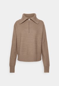 Jasnobrązowy, długorękawowy dzianinowy sweter z prążkowanymi mankietami i krawędzią, z szerokim kołnierzem i półzamkiem.