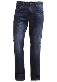 Jeansy z ciemnoniebieskiego denimu o prostych nogawkach, z przednimi kieszeniami, szlufkami na paski oraz zapięciem na guzik.