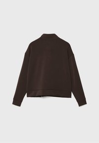 Sweat-shirt à manches longues marron foncé avec poignets et ourlet côtelés, vu de dos sur un fond gris clair uni.