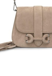 Beżowa torebka typu crossbody z zapięciem na klapkę, srebrnymi akcentami i unikalnym podwójnym detalem w kształcie pętli. Posiada frędzlowy pasek.