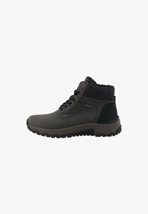 Botas tobilleras de color gris oscuro con parte superior texturizada en negro, diseño de cordones, cuello acolchado y suela de goma resistente para mayor tracción.
