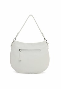 White leather hobo bag with a curved shape, a top handle, and a zip closure, featuring a zip pocket on the back. Smooth texture.