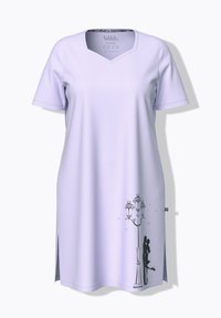 Krótka sukienka z krótkim rękawem w kolorze jasnego lawendowego, z dekoltem w kształcie litery V, zdobiona wzorem latarni ulicznej i sylwetki. Miękka w dotyku z bocznymi rozcięciami dla wygody.