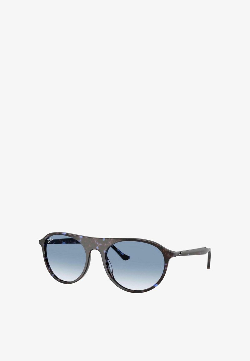 Gafas de sol con un marco de carey oscuro, lentes azules degradados, forma ovalada y acentos metálicos en las patillas.