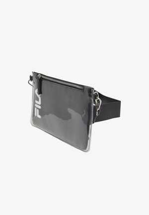 Sort, gennemsigtigt nylon bæltetaske med lynlås, prydet med et hvidt logo på forsiden. Justerbar sort rem for sikker bæring.