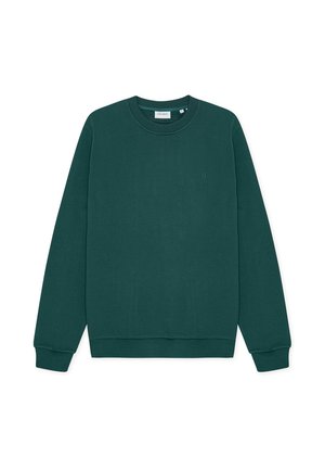 Felpa verde in cotone con scollo rotondo, polsini e orlo a coste, e un piccolo logo al centro sul davanti. Texture liscia.