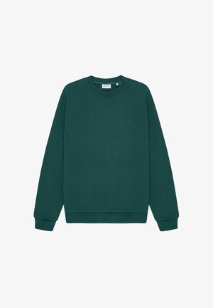 Žalias medvilninis džemperis su apvalia iškirpte, ribinėmis rankogaliais ir apačia bei mažu logotipu priekyje centre. Lygios tekstūros.