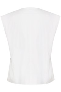 Bílý bezrukávový top s volným střihem, vyrobený z lehkého materiálu. Má kulatý výstřih a hladkou texturu. Jednoduchý design.