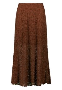Jupe en dentelle marron avec un design évasé, longue, et ornée de motifs floraux complexes. Dispose d'une taille lisse et d'une finition délicate à l'ourlet.
