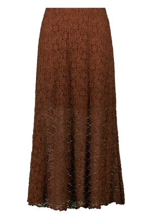 Brown lace skirt with a flared design, long length, and intricate floral patterns. Features a smooth waistband and delicate finishing at the hem.
