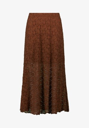 Brown lace skirt with a flared design, long length, and intricate floral patterns. Features a smooth waistband and delicate finishing at the hem.