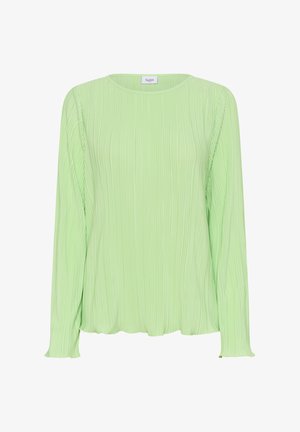 Šviesiai žalia, raukšlėta ilgų rankovių palaidinė su apvaliu kaklu. Minkšta, tekstūruota medžiaga su subtiliais vertikaliais raštais ir laisvu siluetu.