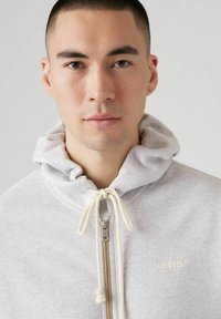 Felpa grigia con zip e cappuccio con coulisse, caratterizzata da una zip beige e dal logo Levi's ricamato. Tessuto morbido con una texture liscia.