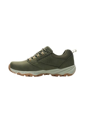 Low-cut olive green hiking shoe with rugged brown outsole, lace-up front, padded collar, and textured side panel.