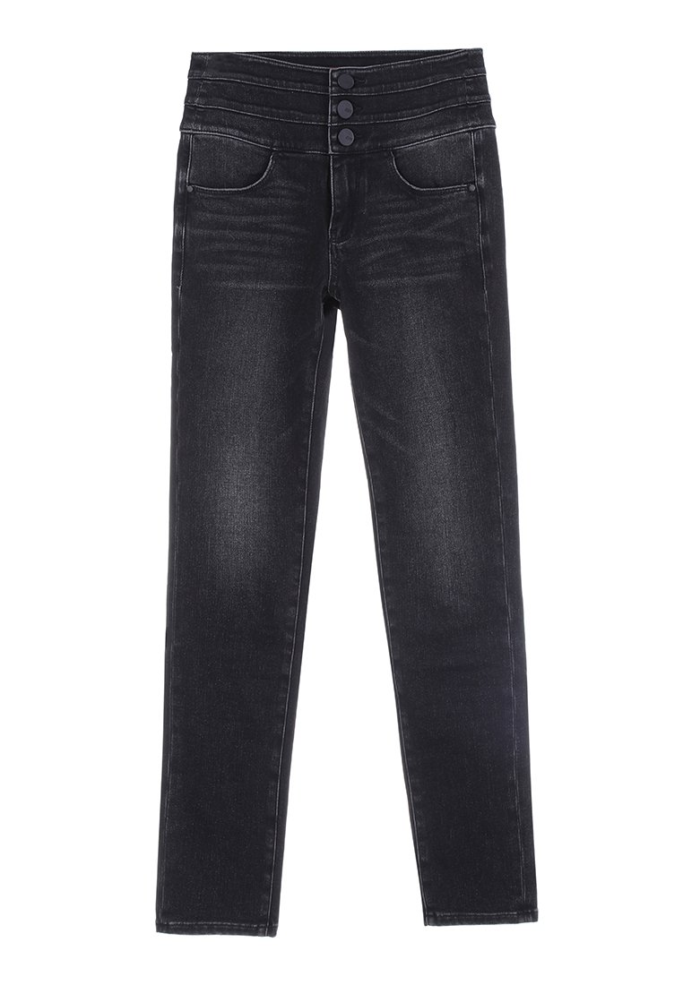 Zwarte denim jeans met een slim fit, voorzien van drie voorknopjes, twee voorknoepjes en een gladde textuur overal.