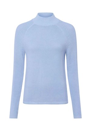 Hellblauer, langärmeliger Pullover aus ribbelstrick mit hohem Kragen und Raglanärmeln. Glatte Textur, taillierte Form und minimalistische Details.