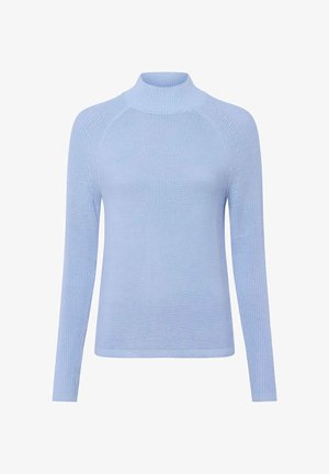 Lichtblauwe, lange mouwen trui in ribgebreid met een hoge hals en raglanmouwen. Vlotte textuur, getailleerd ontwerp en minimale detailing.
