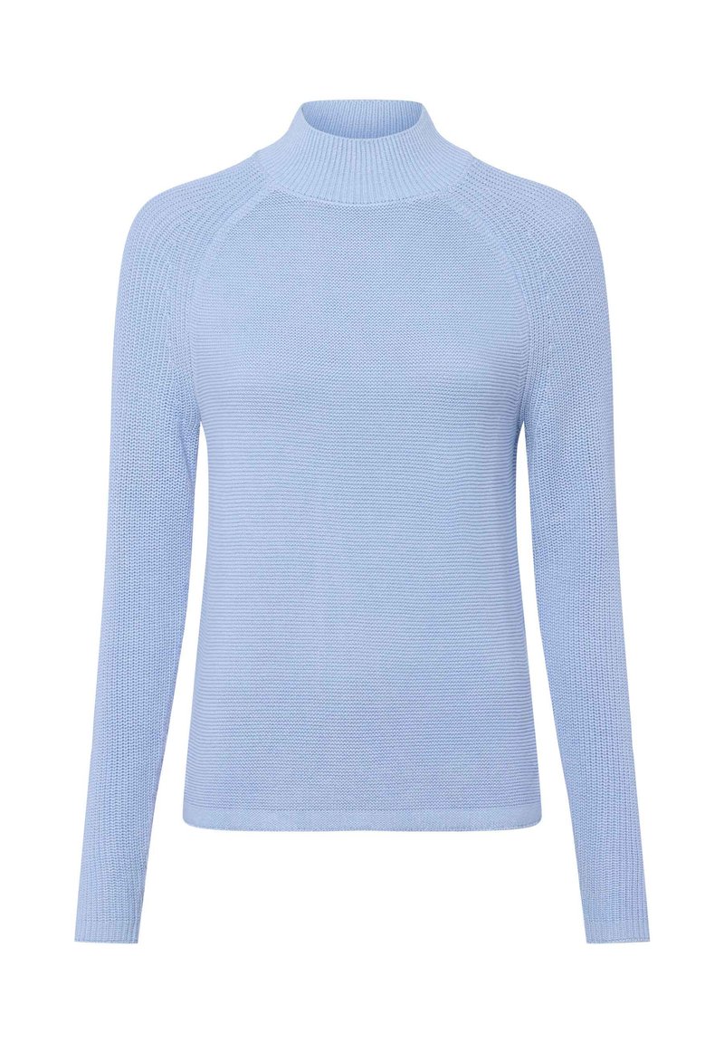 Hellblauer, langärmeliger Pullover aus ribbelstrick mit hohem Kragen und Raglanärmeln. Glatte Textur, taillierte Form und minimalistische Details.