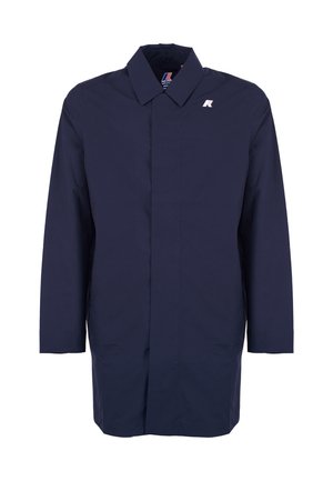 Marineblauwe lange mouwen jas met kraag, verborgen knopen aan de voorkant en een klein wit logo op de linker bovenborst.