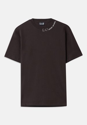 Black short-sleeve t-shirt made of cotton, featuring a round neckline and distinctive white printed logo on the upper left side.