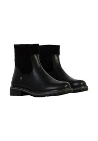 Zwarte leren enkelboots met ribbelstofpanelen, ronde neuzen en lage rubberen zolen met een geprofileerd profiel voor grip.